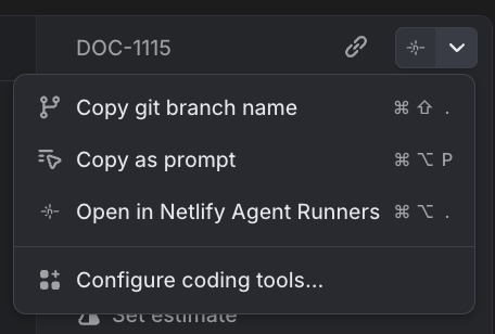 Linear issue view showing the Open in Netlify Agent Runners option in the top right corner
